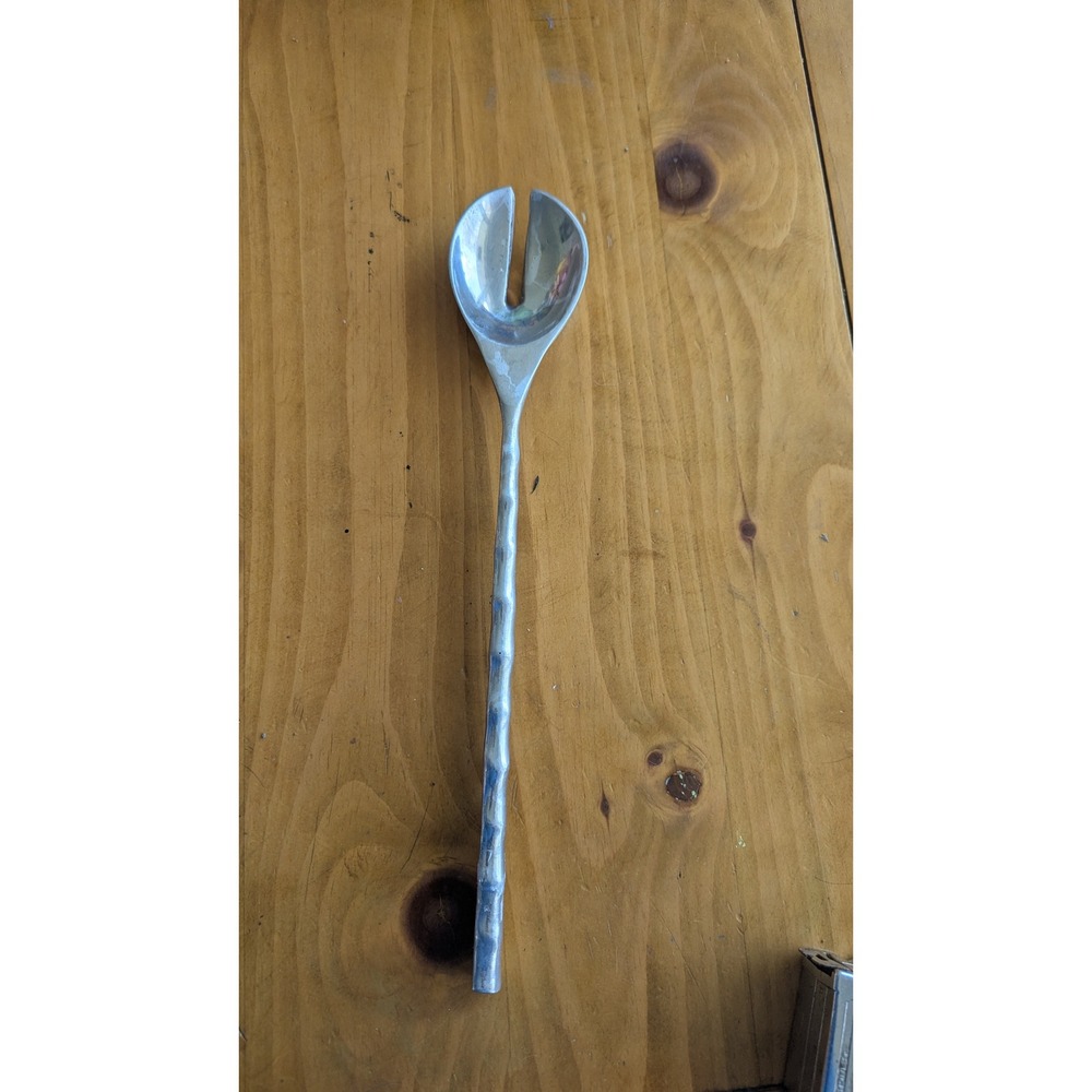 Hammered Metal Salad Serving Fork Long Bamboo Style Handle Silver 15.5 Inch